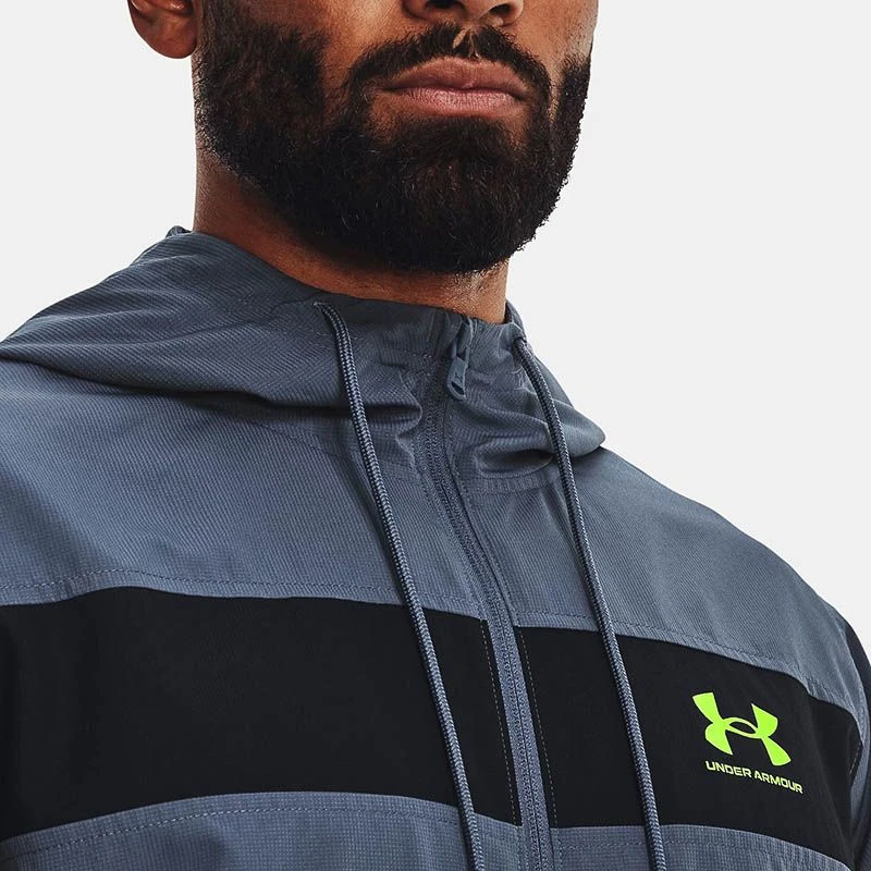 Under Armour Men's UA Sportstyle Windbreaker Jacket Downpour Grey / Black / Lime Surge - Image 5